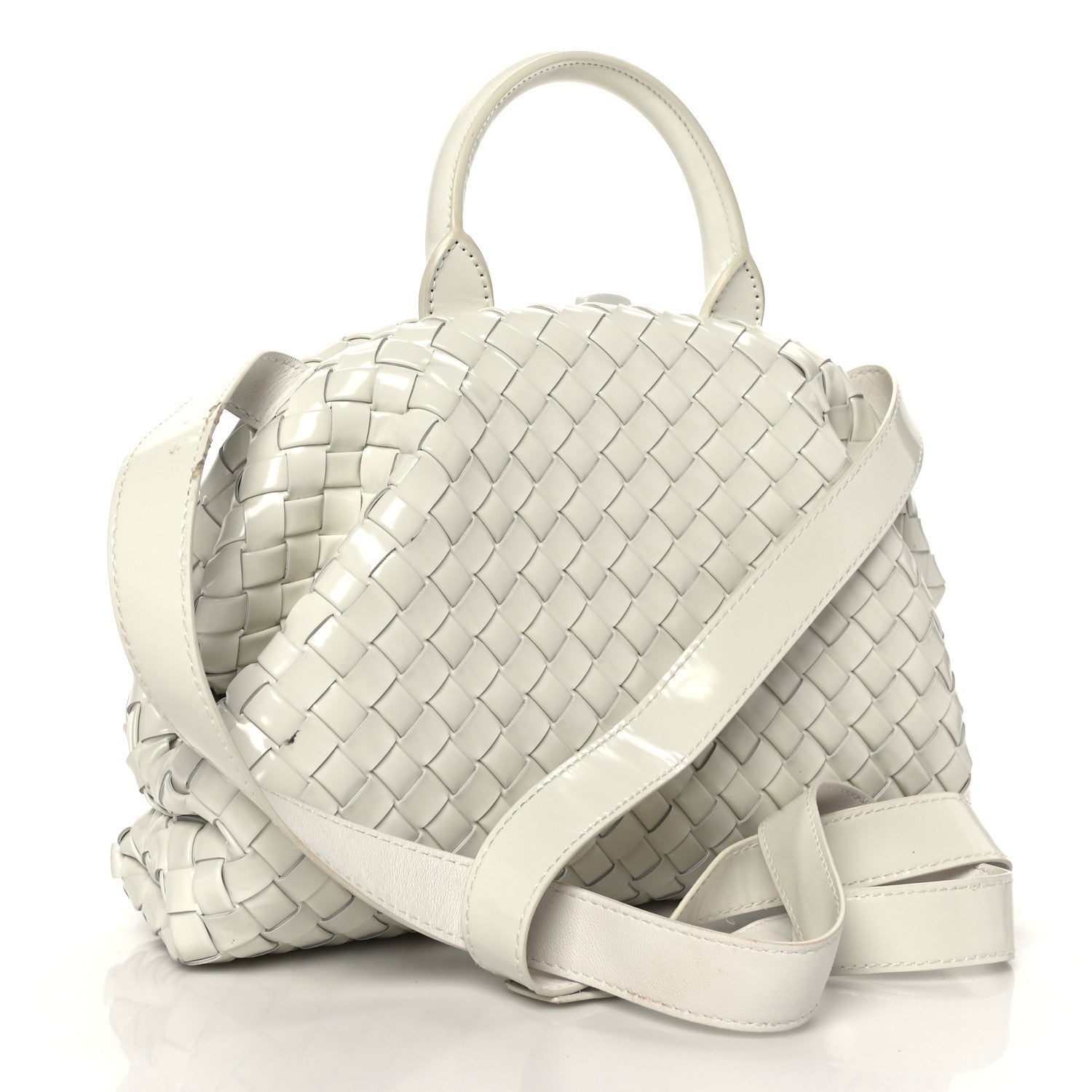 Bottega Veneta Patent Nappa Intrecciato Top Handle Shoulder Bag Chalk 3 of 8