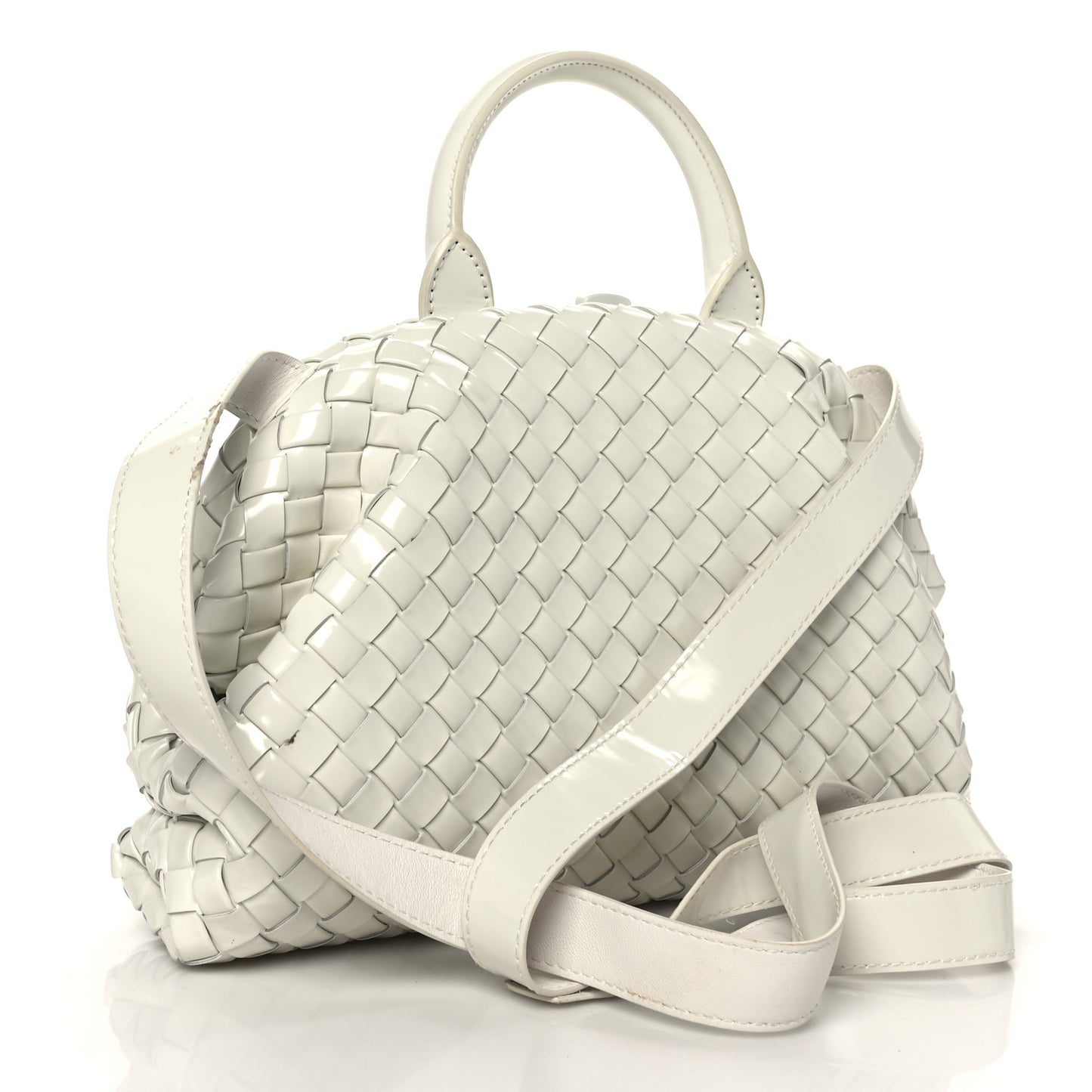 Patent Nappa Intrecciato Top Handle Shoulder Bag Chalk