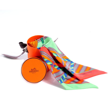 Hermes Silk Grande Tenue Twilly Vert Orange Corail 5 of 5