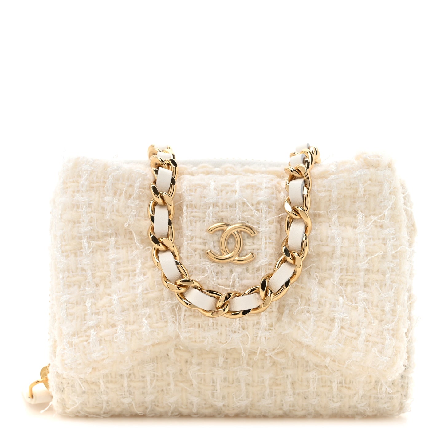 Tweed Quilted Bow Flap Card Holder On Chain White
