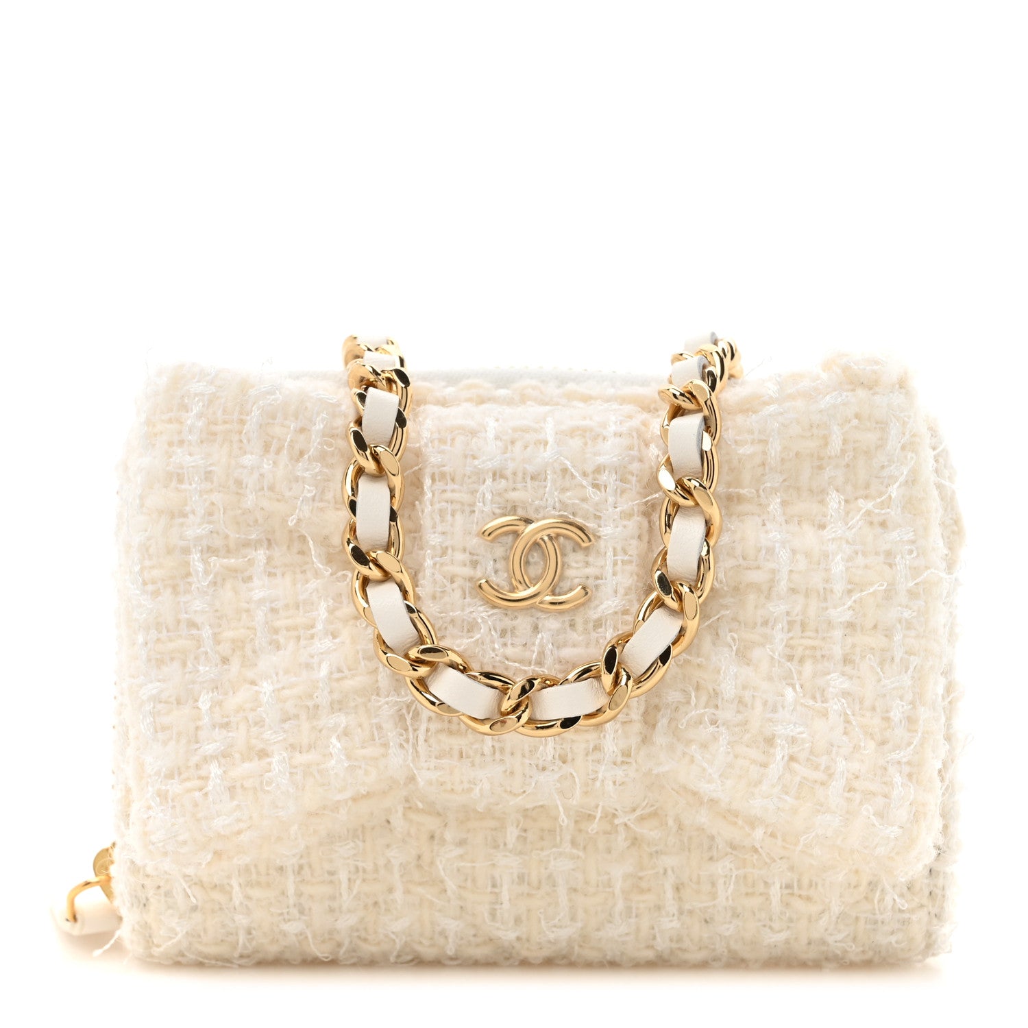 Chanel Tweed Quilted Bow Flap Card Holder On Chain White 1 of 12