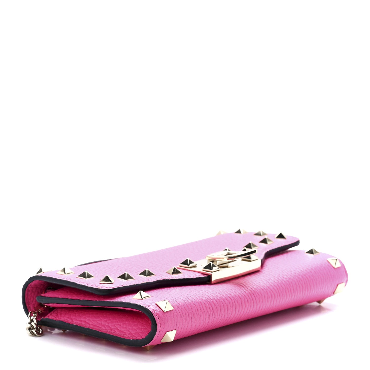 Valentino Garavani Pebbled Calfskin Rockstud Flip Lock Wallet On Chain Dawn Pink 3 of 10