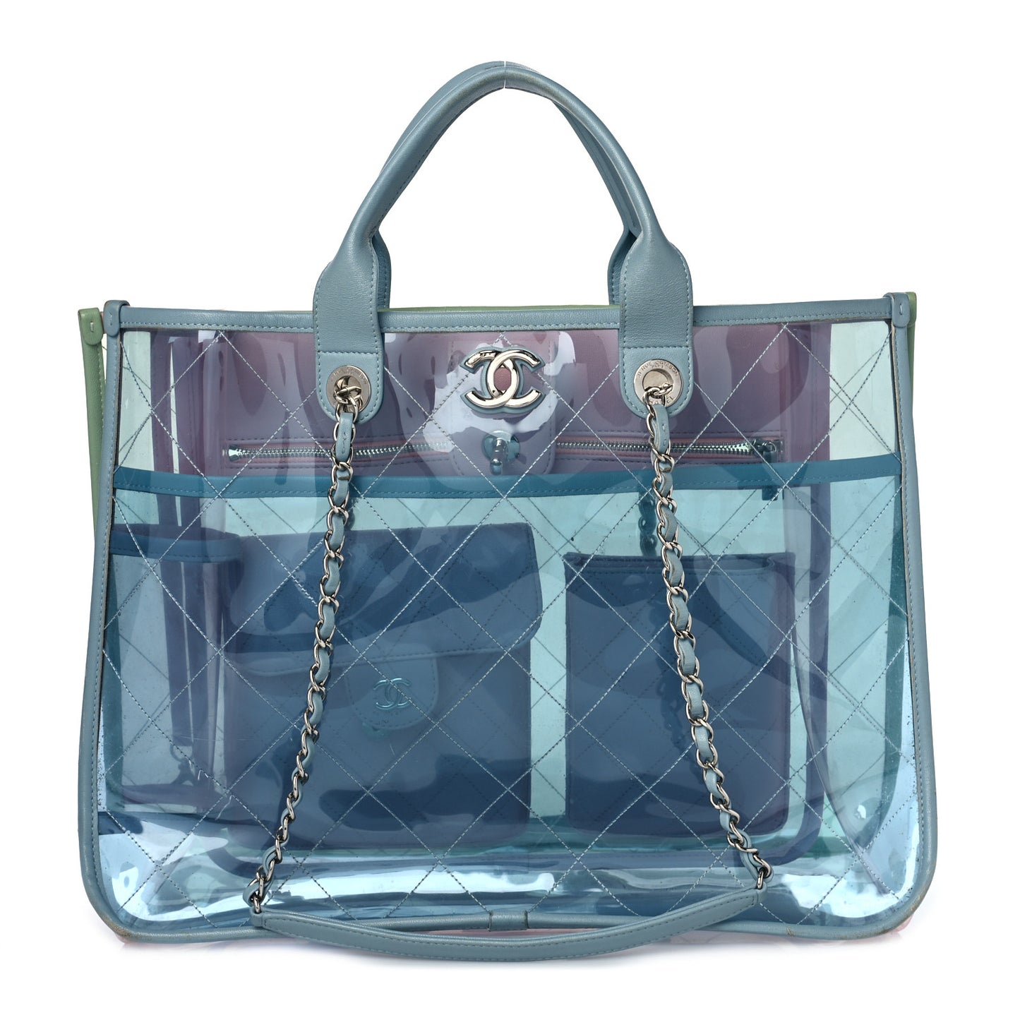 PVC Lambskin Stitched Medium Coco Splash Shopping Bag Blue Green Pink