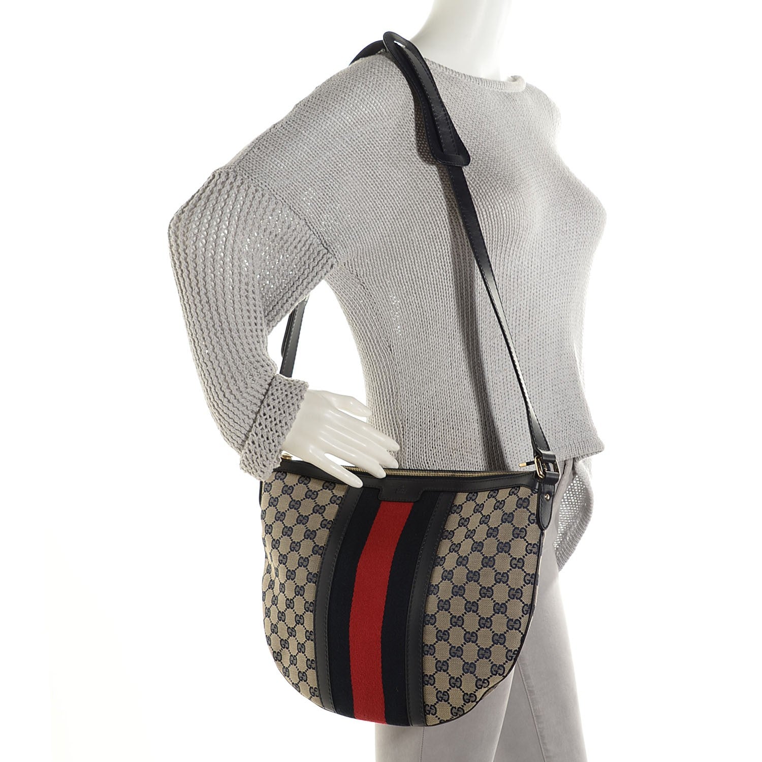 Gucci Monogram Vintage Web Medium Half Moon Hobo Navy 2 of 9