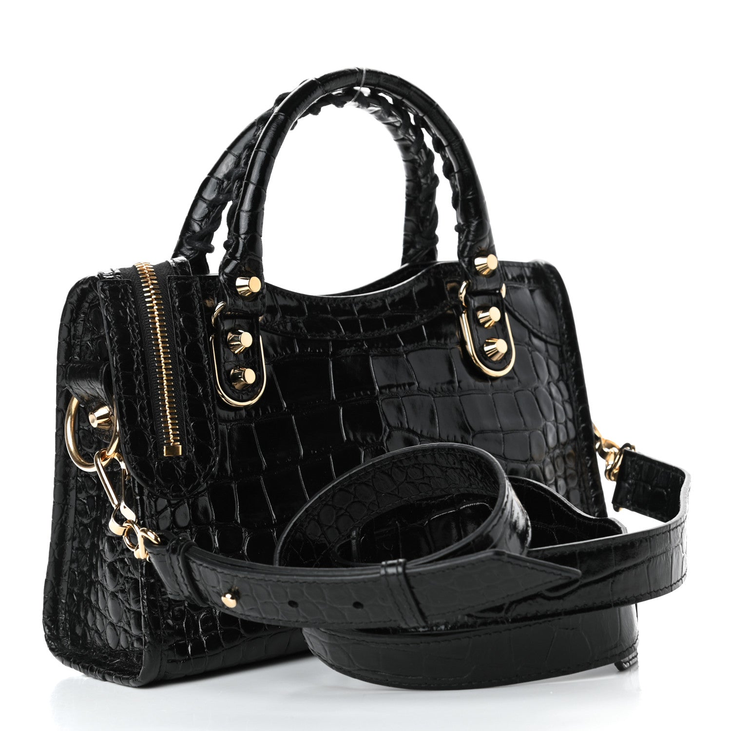 Balenciaga Shiny Supple Calfskin Crocodile Embossed Gold Metallic Edge Hardware Mini City Black 2 of 4