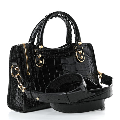 Balenciaga Shiny Supple Calfskin Crocodile Embossed Gold Metallic Edge Hardware Mini City Black 2 of 4