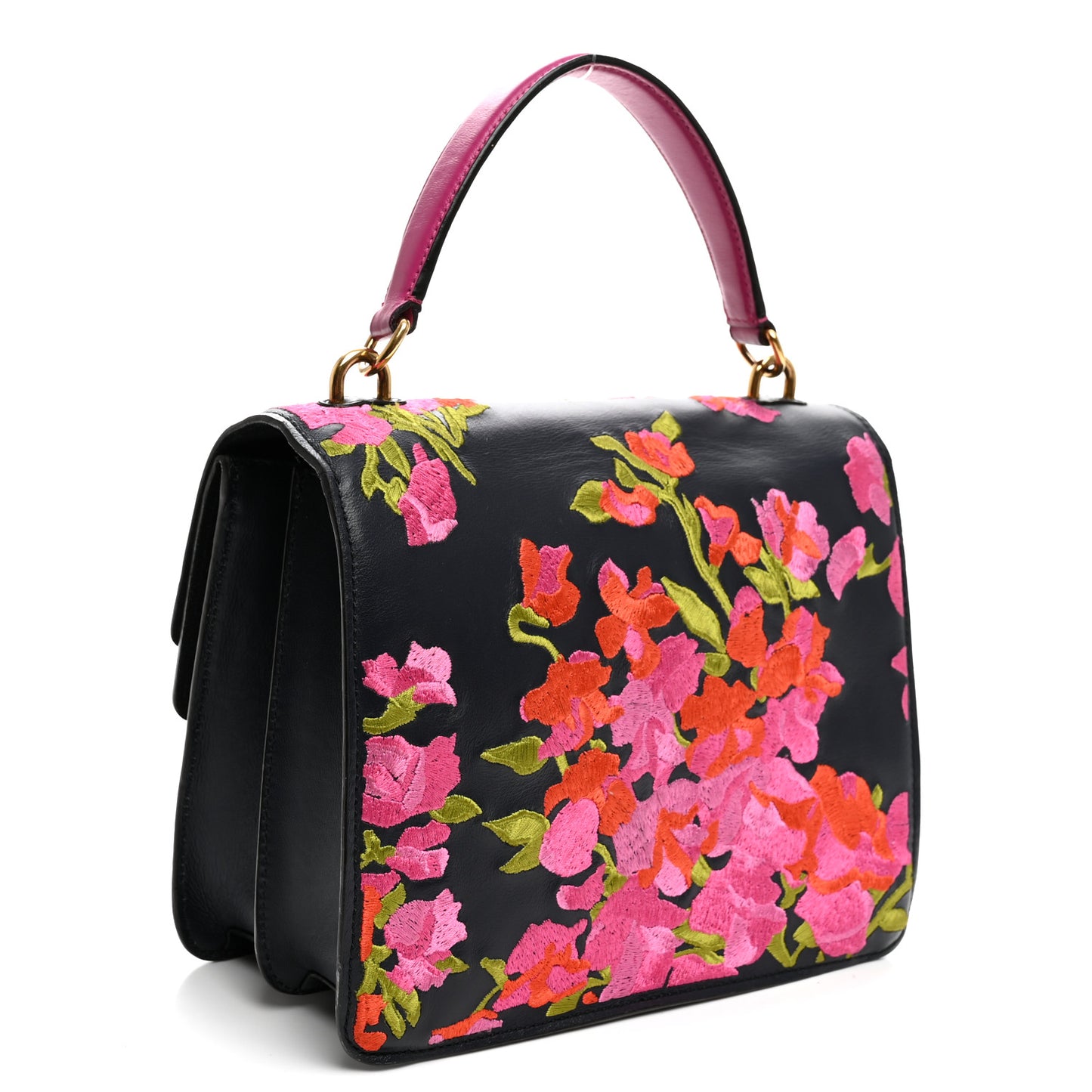 Smooth Calfskin Embroidered Floral Harlow Satchel Navy Multicolor