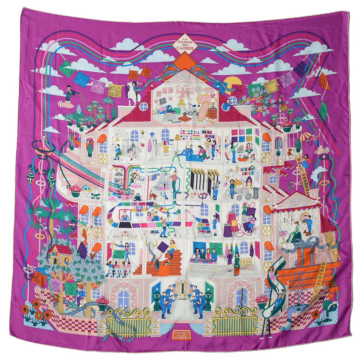 Silk La Maizeon des Carres Scarf 90 Fuchsia Blanc Multicolor