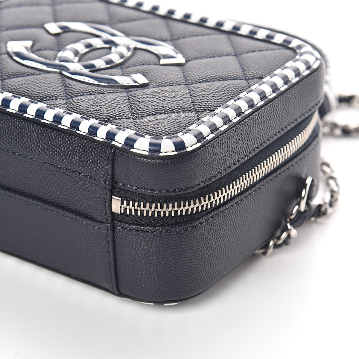 Caviar Quilted Striped Small CC Filigree Vanity Case Navy White