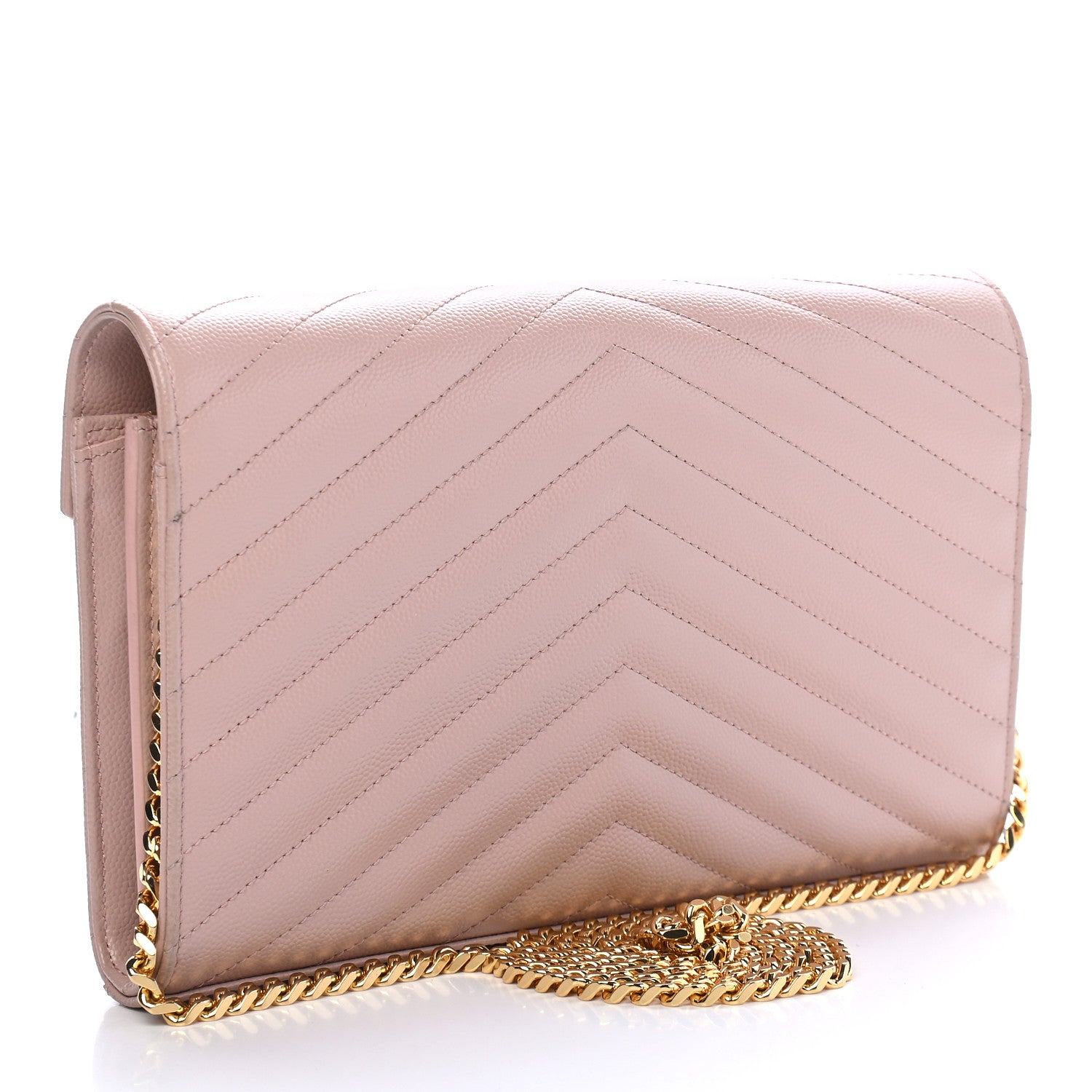 Saint Laurent Grain De Poudre Matelasse Chevron Monogram Chain Wallet Pale Pink 2 of 8