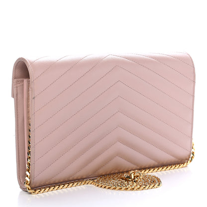 Saint Laurent Grain De Poudre Matelasse Chevron Monogram Chain Wallet Pale Pink 2 of 8