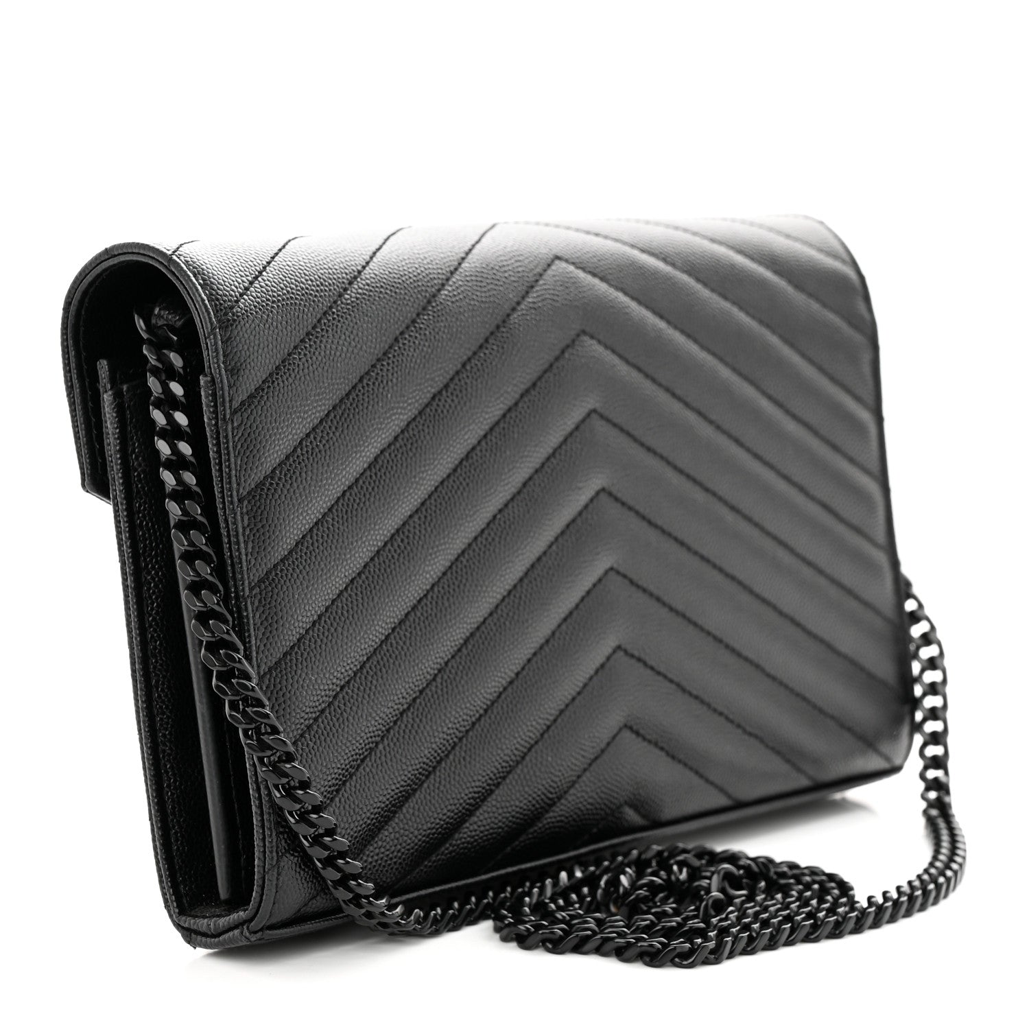 Saint Laurent Grain De Poudre Matelasse Chevron Monogram Monochrome Chain Wallet Black 3 of 14