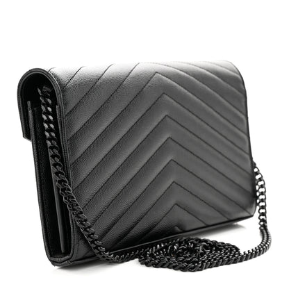 Saint Laurent Grain De Poudre Matelasse Chevron Monogram Monochrome Chain Wallet Black 3 of 14