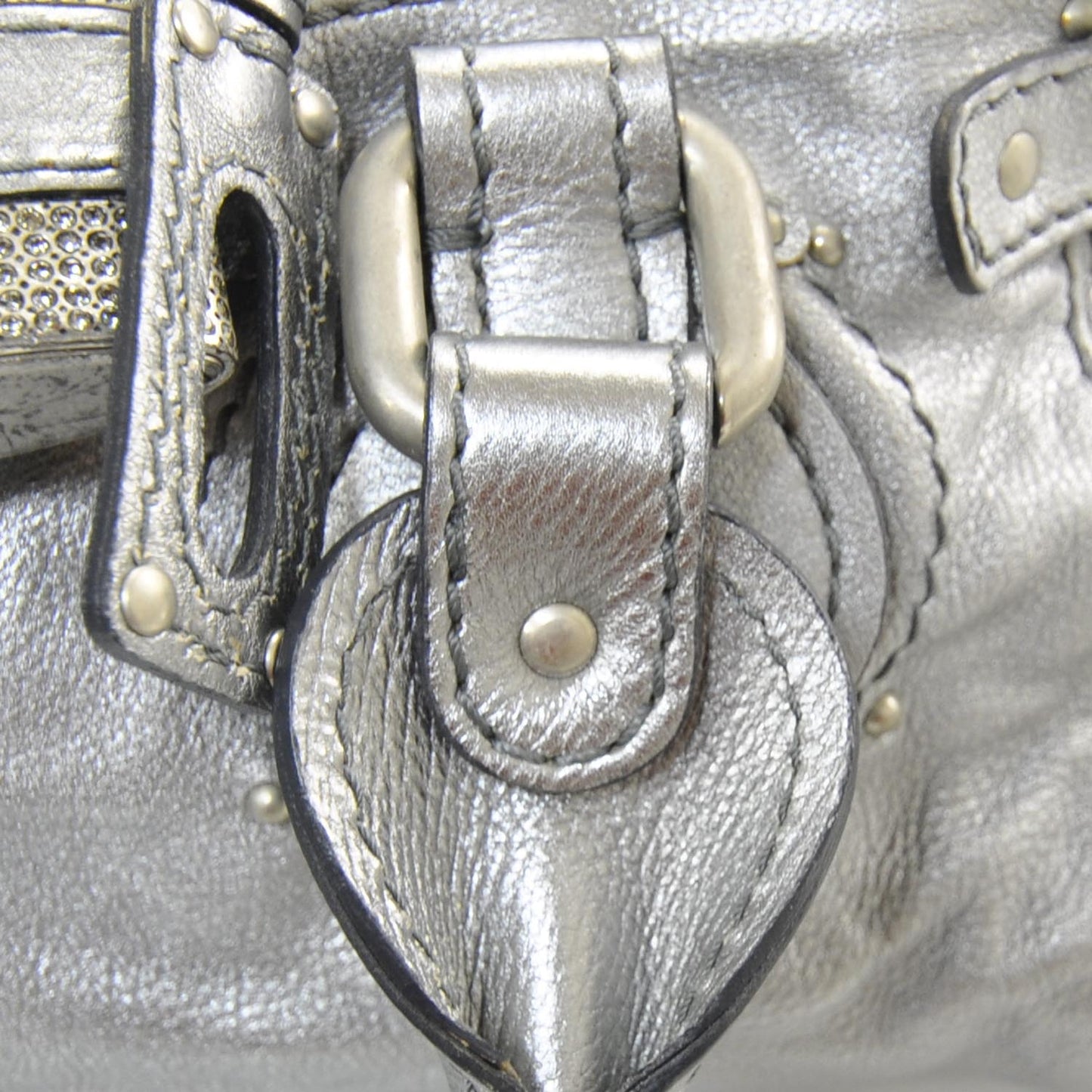 Leather Crystal Paddington Satchel Metallic Silver