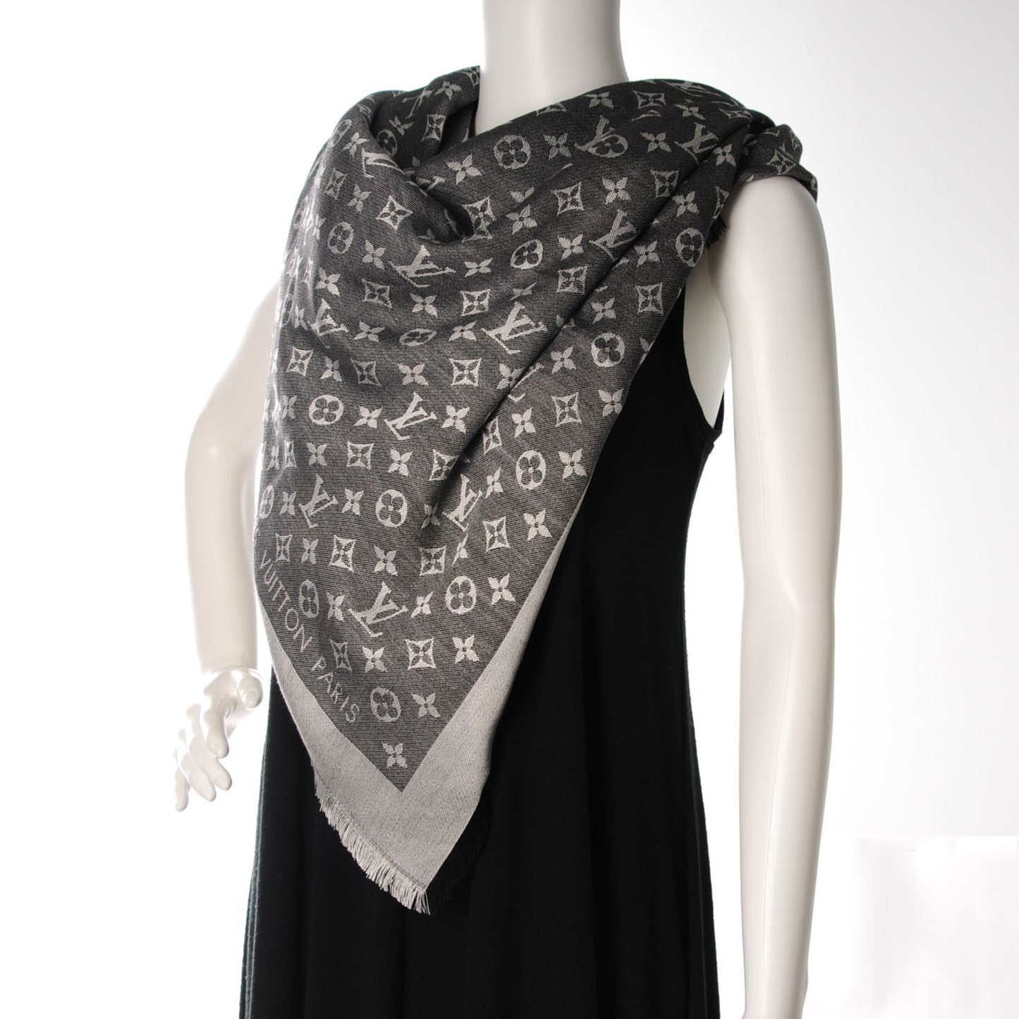 Wool Silk Monogram Denim Shawl Black