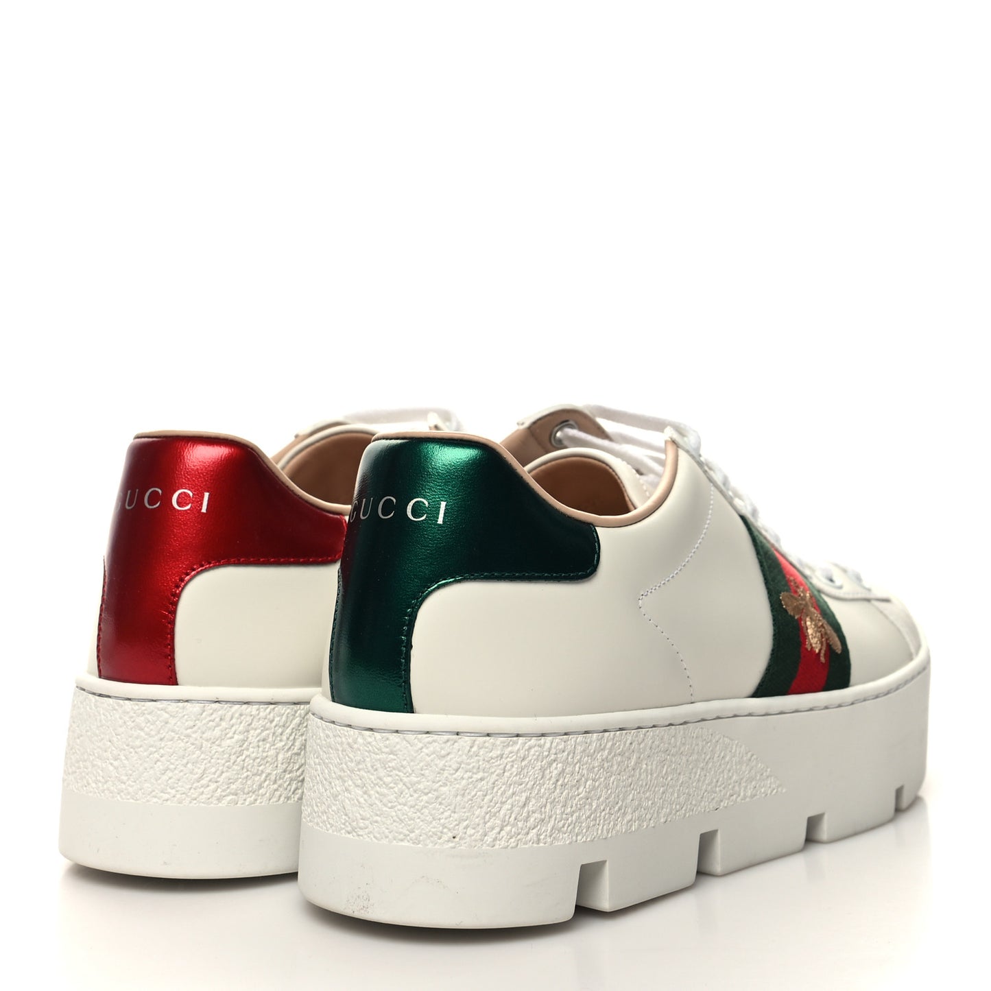 Calfskin Web Bee Embroidered Womens Ace Platform Sneakers 38 White