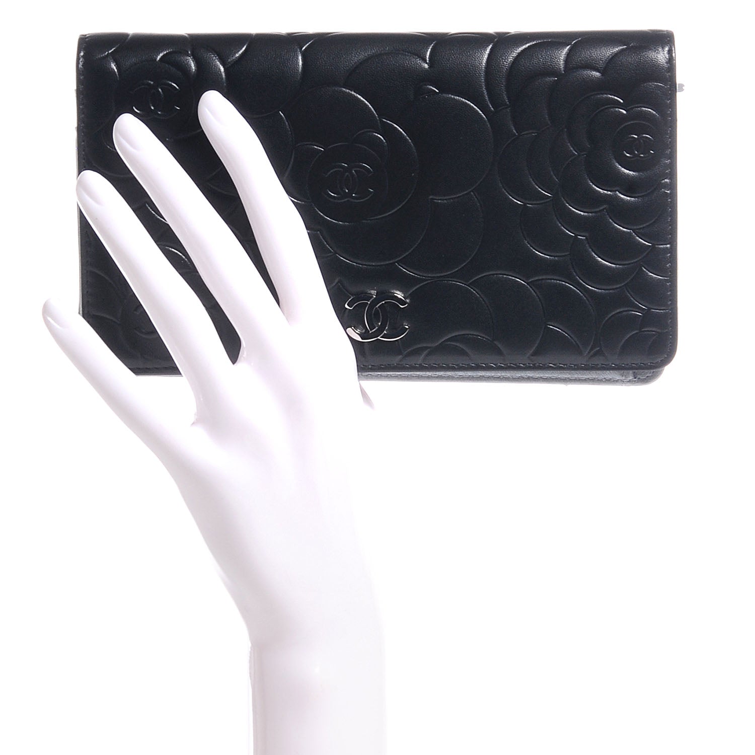 Chanel Lambskin Camellia Embossed Yen Wallet Black 2 of 7