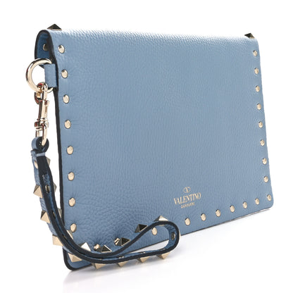 Valentino Garavani Pebbled Calfskin Medium Rockstud Envelope Flat Wristlet Pouch Atlantique 3 of 8