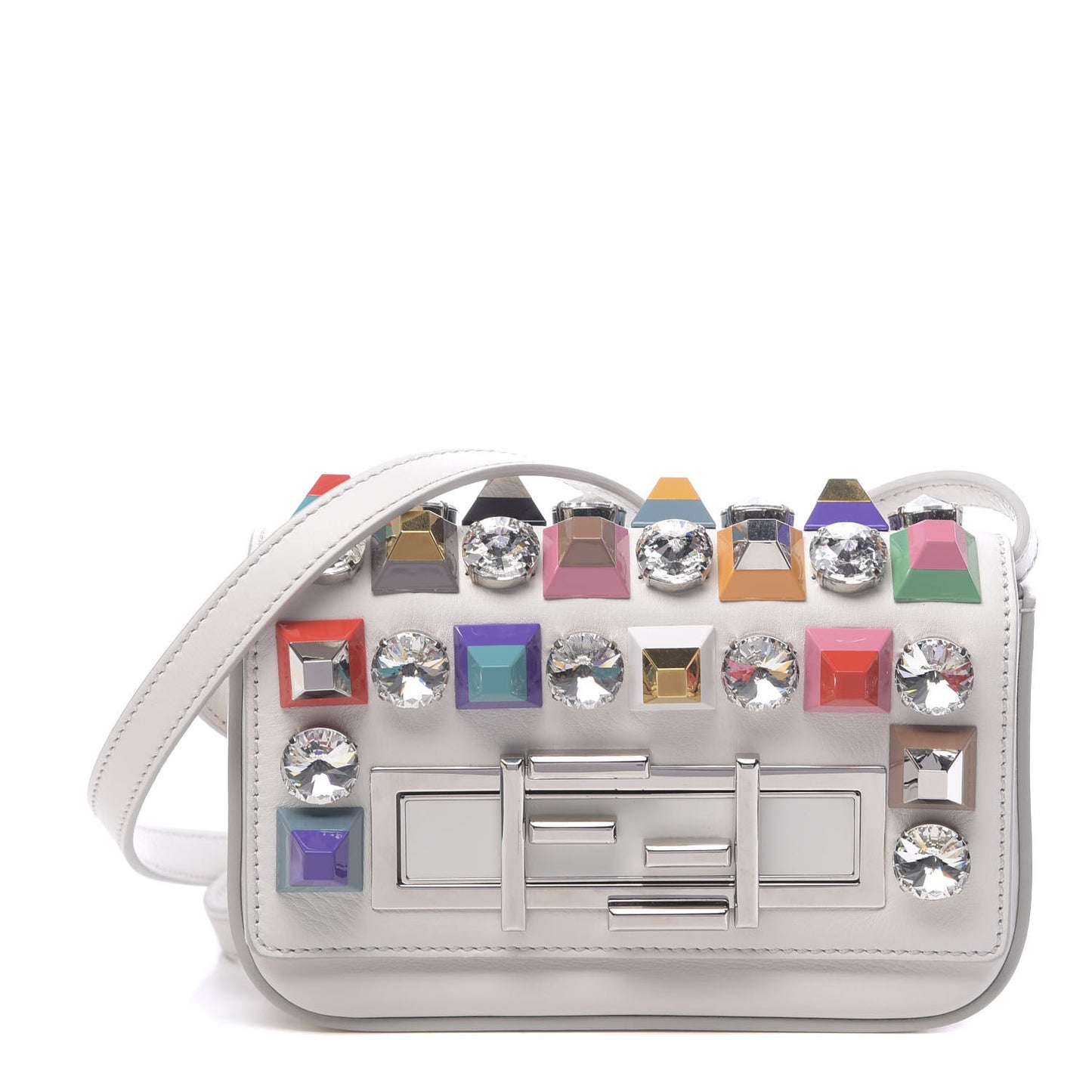 Vitello Dolce Calf Hair Studded Mini 3Baguette Shoulder Bag White
