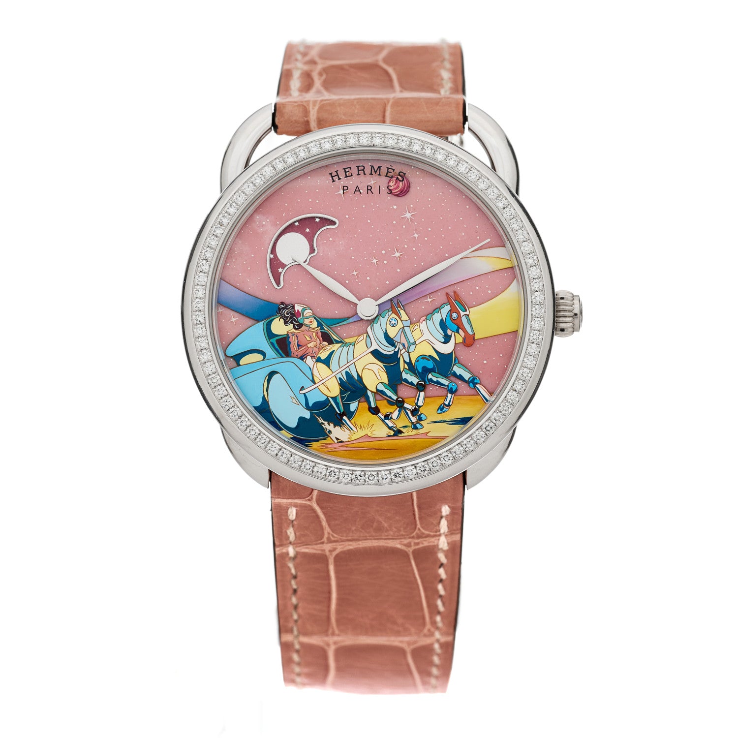 Hermes 18K White Gold Alligator Diamond Pink Opaline 38mm Space Derby Automatic Watch Old Rose 1 of 5