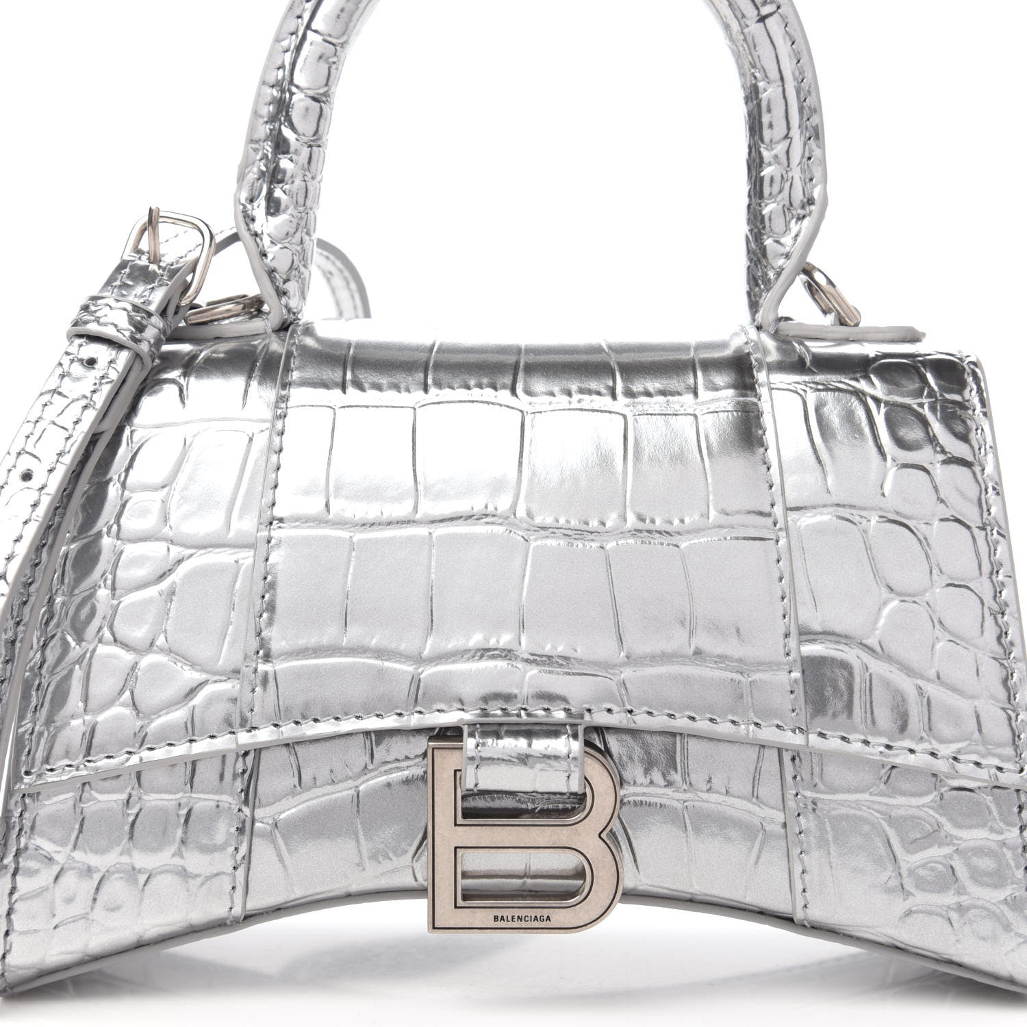Balenciaga Metallic Calfskin Crocodile Embossed Hourglass Top Handle Bag XS Silver 9 of 9