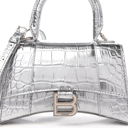 Balenciaga Metallic Calfskin Crocodile Embossed Hourglass Top Handle Bag XS Silver 9 of 9