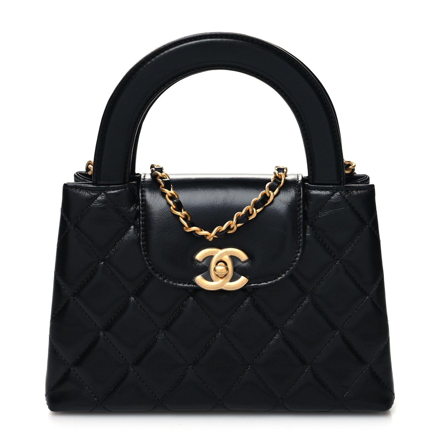 Shiny Aged Calfskin Quilted Nano Kelly Shopper Black