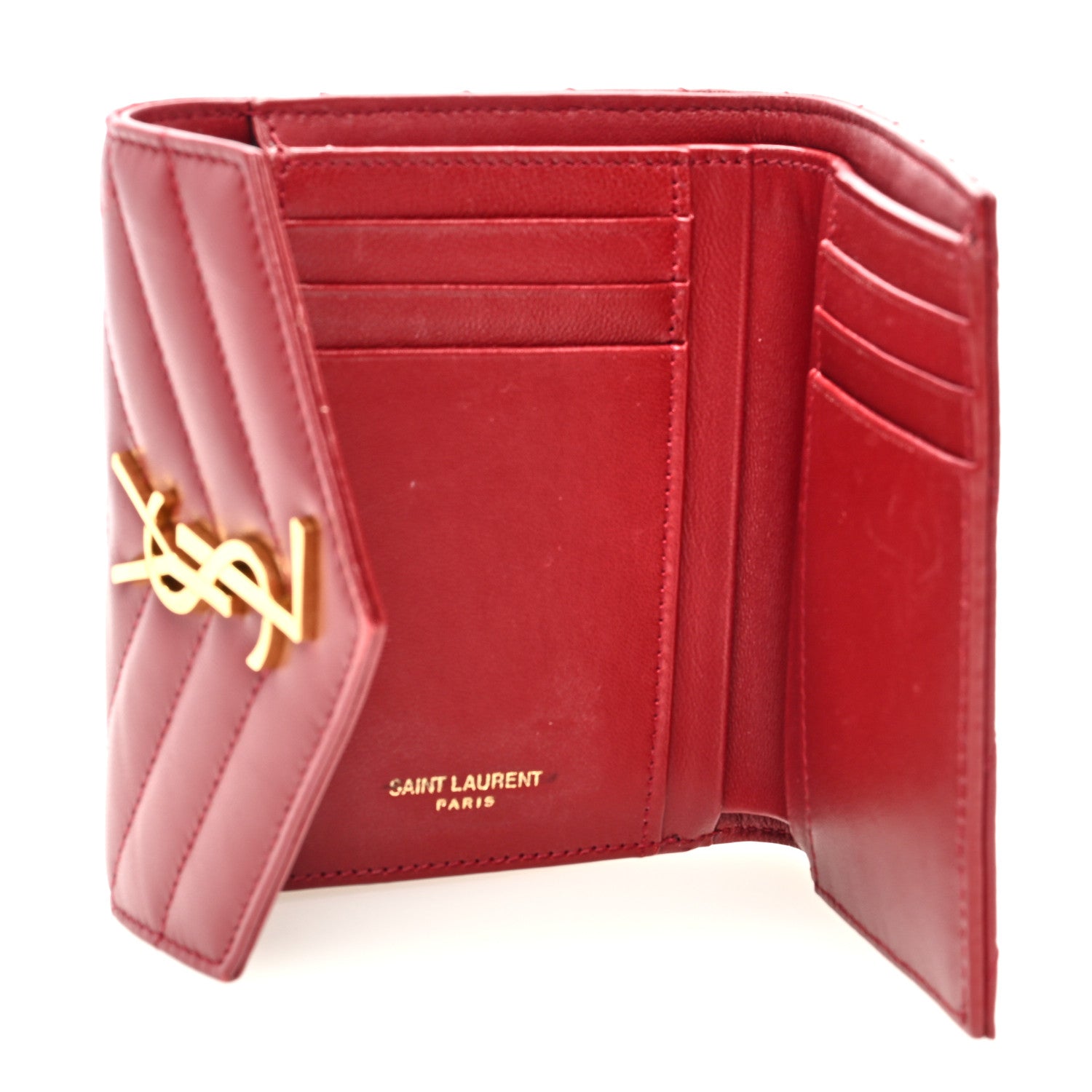 Saint Laurent Lambskin Matelasse Chevron Monogram Compact Tri Fold Wallet Red 5 of 6