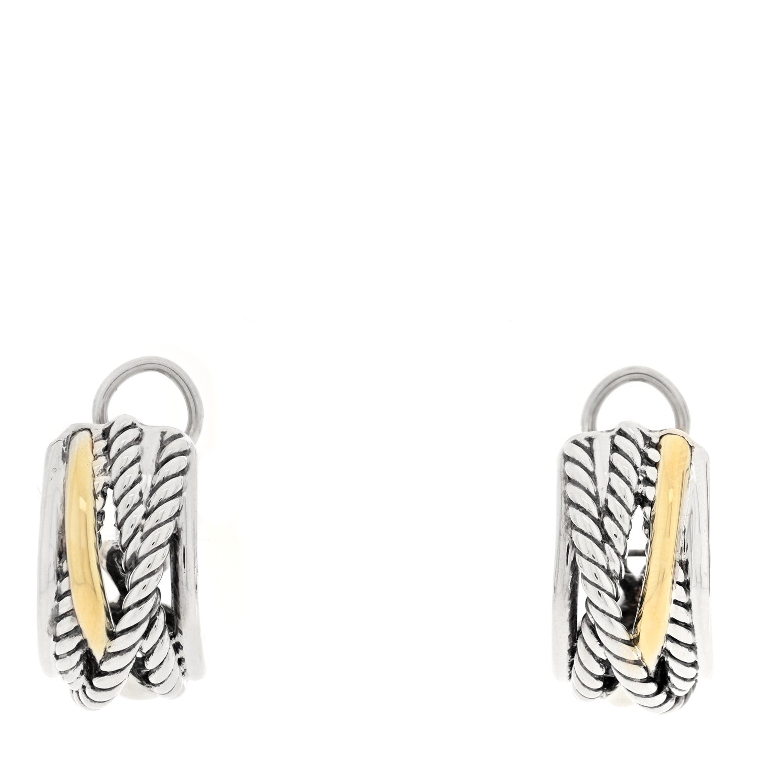 David Yurman Sterling Silver 14K Yellow Gold Crossover Cable Hoop Earrings 1 of 4