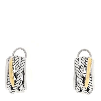 David Yurman Sterling Silver 14K Yellow Gold Crossover Cable Hoop Earrings 1 of 4