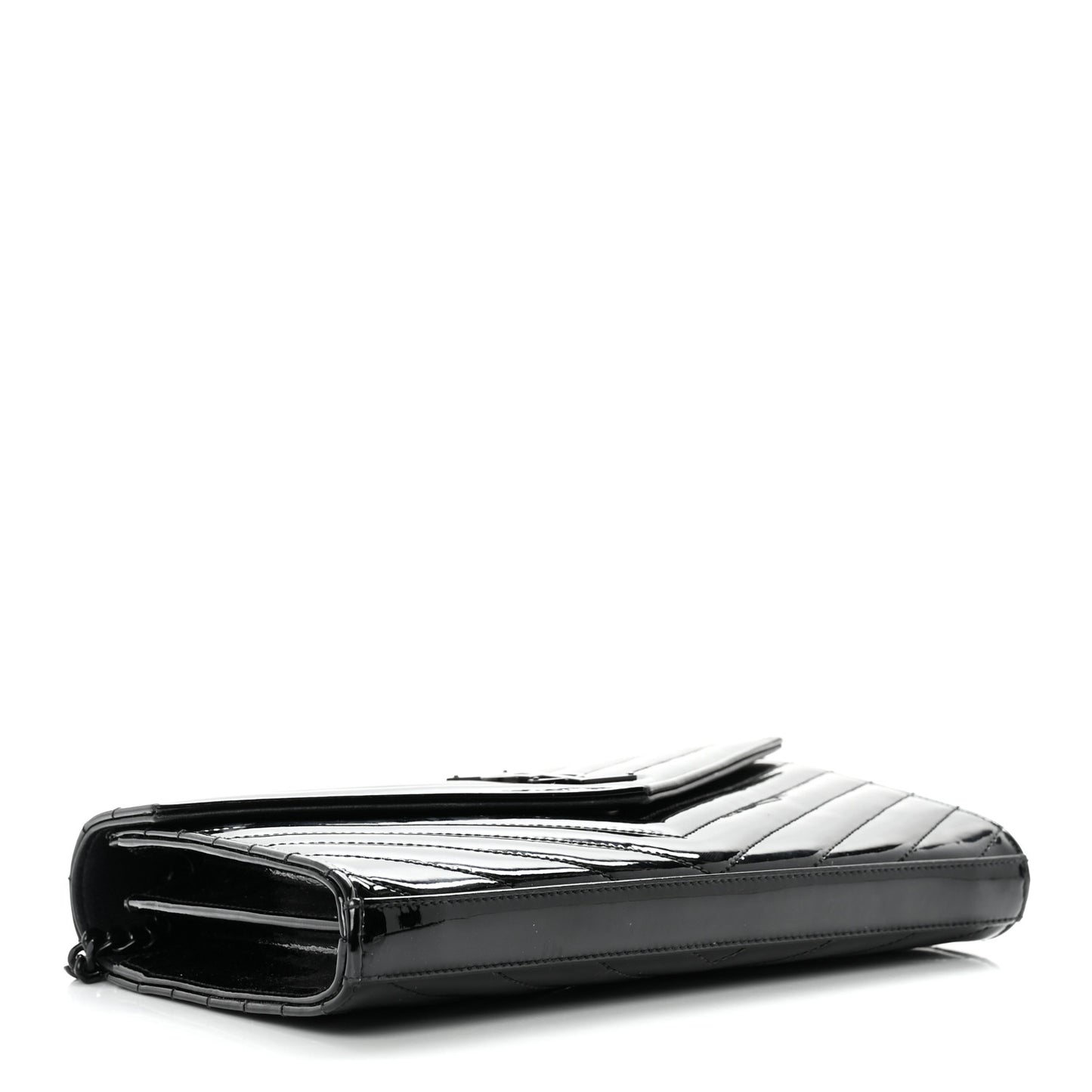 Patent Matelasse Chevron Monogram Chain Wallet Black