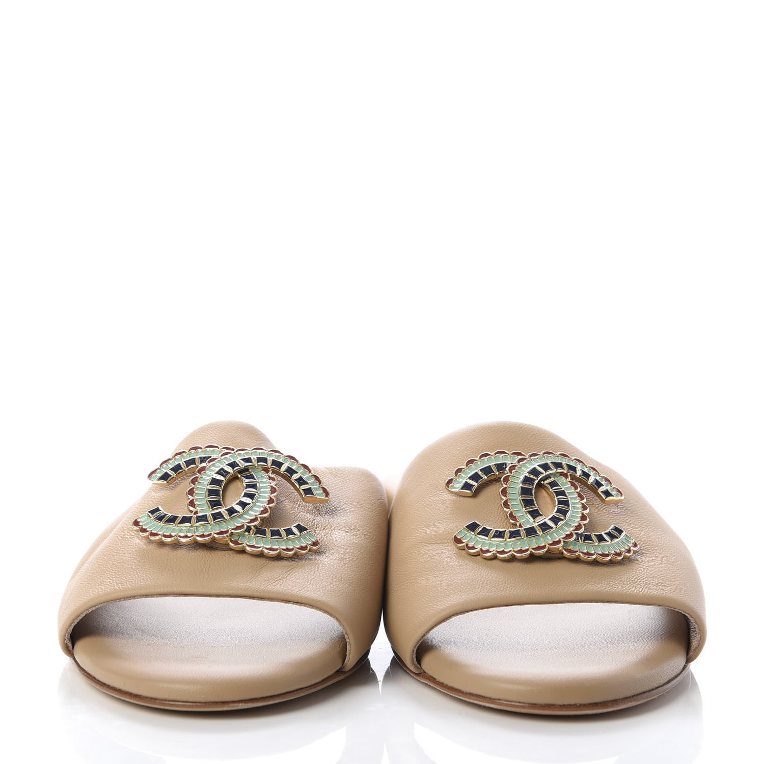 Chanel Lambskin Enamel CC Mules 38 Beige 2 of 9