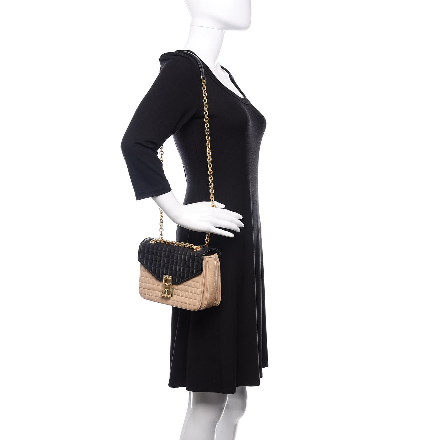 Calfskin Quilted Medium C Bag Black Beige