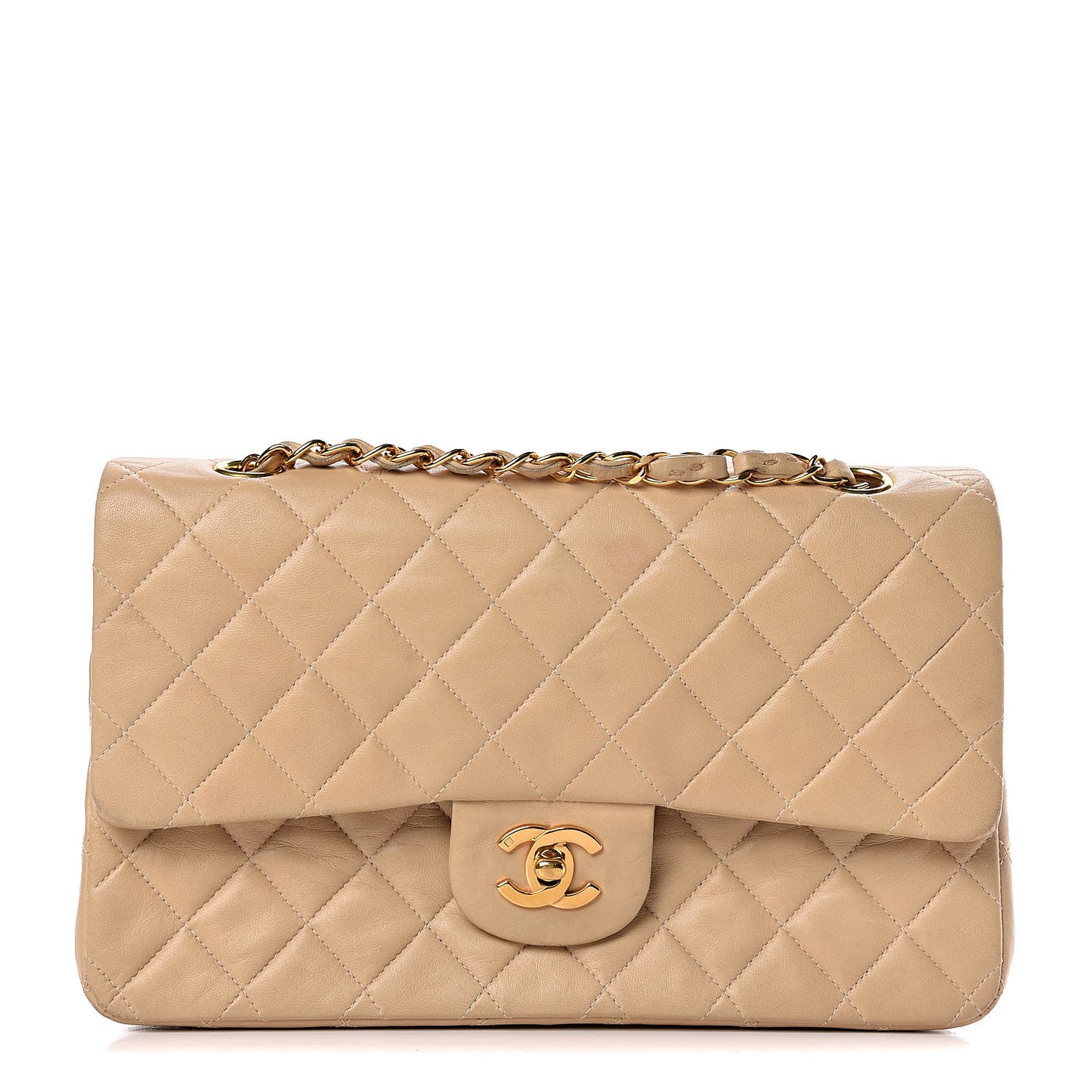 Lambskin Quilted Medium Double Flap Beige