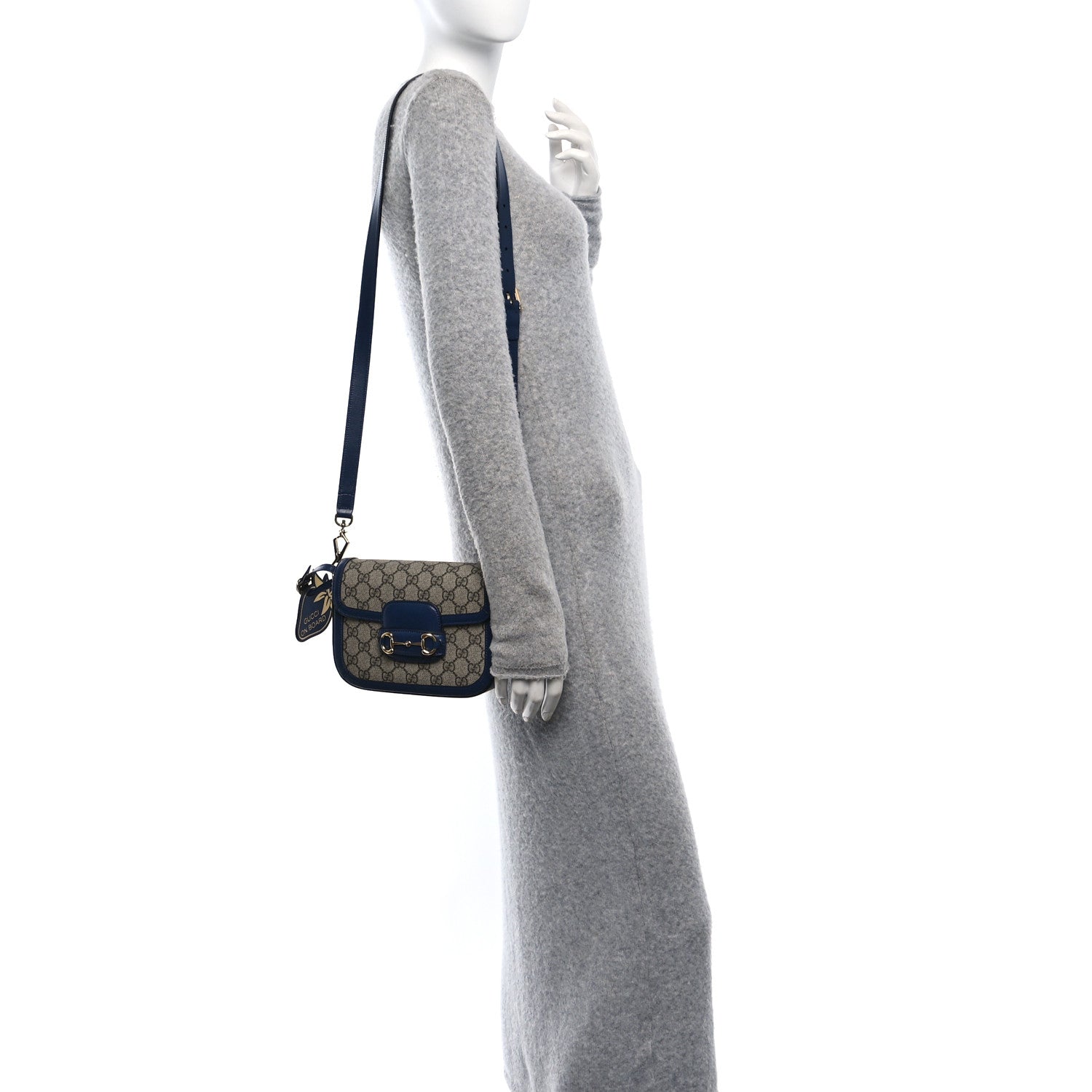 Gucci GG Supreme Monogram Textured Dollar Calfskin Web Mini Horsebit 1955 Shoulder Bag Beige Blue 3 of 9