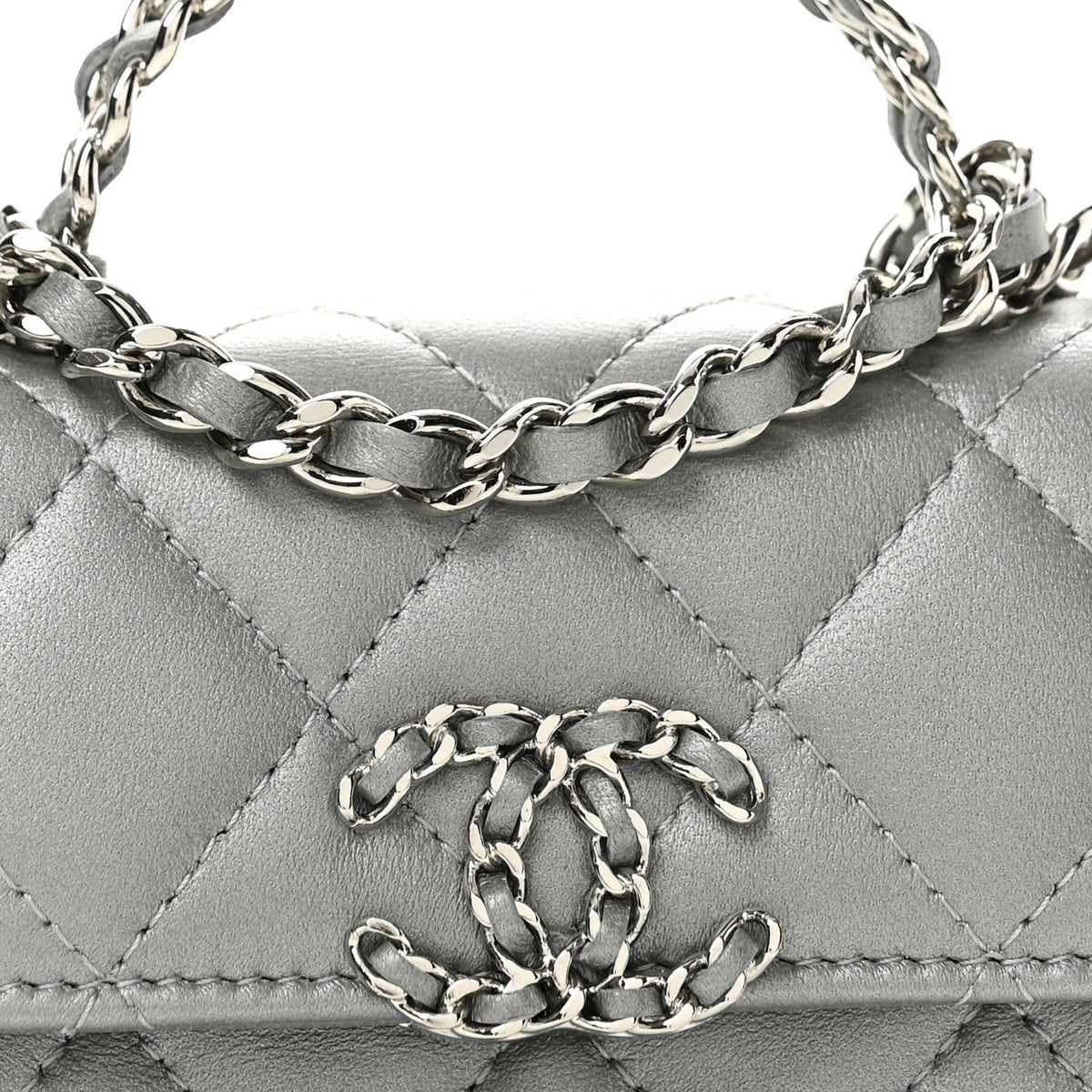 Chanel Metallic Lambskin Quilted Mini Chain CC Top Handle Clutch With Chain Silver 7 of 11