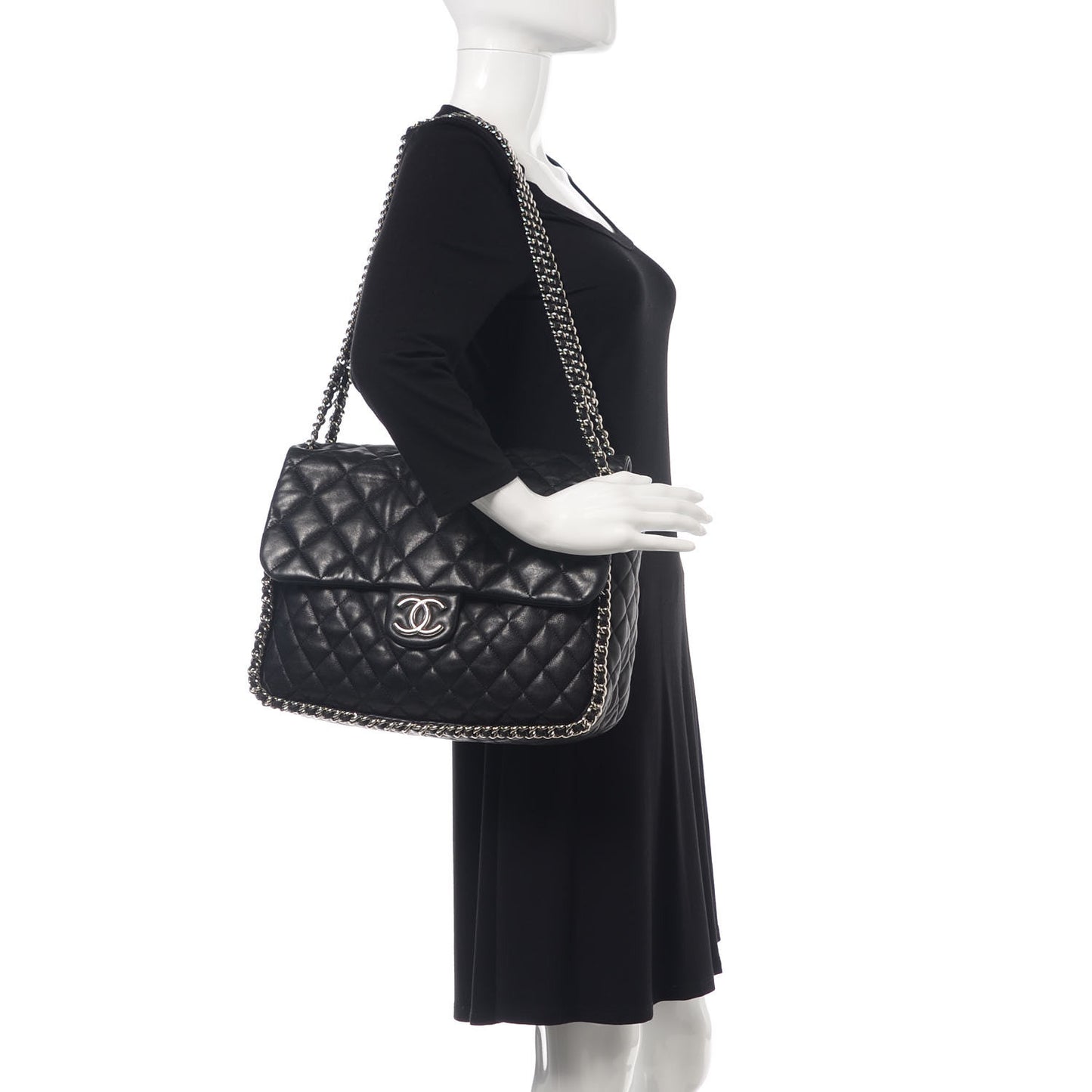 Washed Lambskin Quilted Maxi Chain Around Flap Black