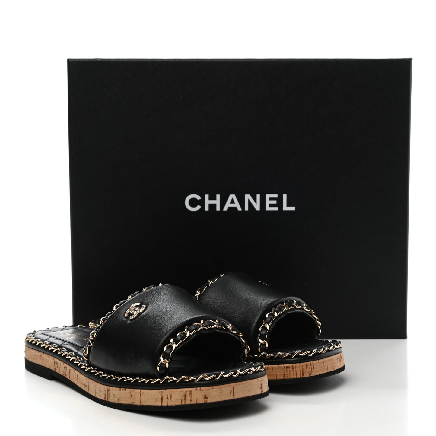 Lambskin Chain Cork Slide Sandals 36 Black