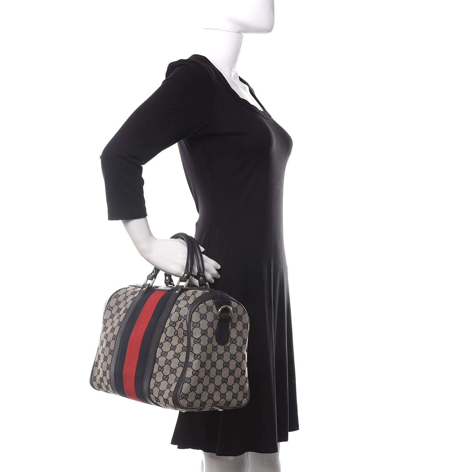 Gucci Monogram Selleria Calfskin Vintage Web Medium Boston Beige Blue 2 of 18