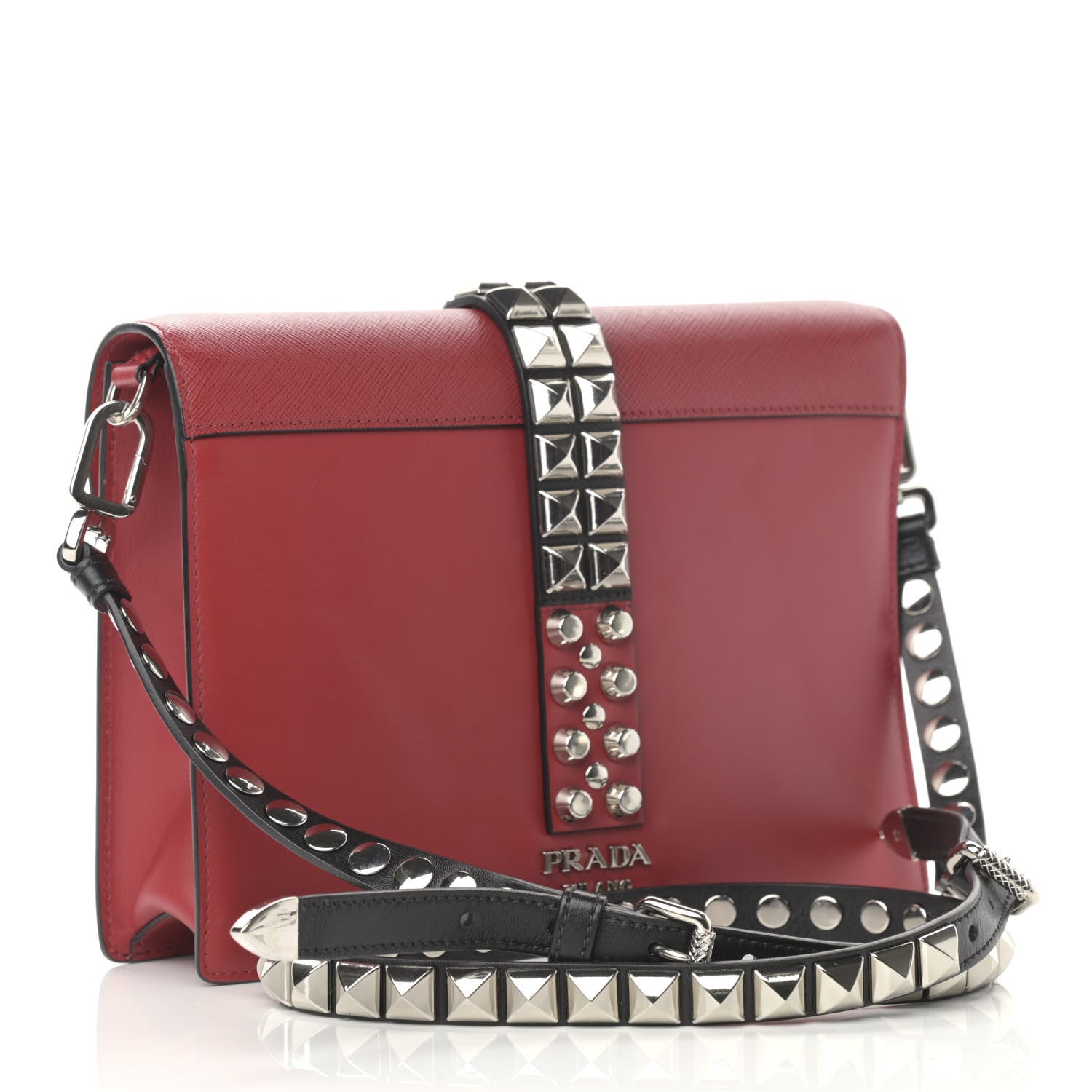 Prada Saffiano City Calfskin Studded Large Elektra Shoulder Bag Fuoco Black 3 of 10