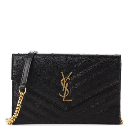 Saint Laurent Grain De Poudre Matelasse Chevron Monogram Envelope Chain Wallet Black 1 of 10