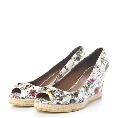 Gucci Canvas Flora Infinity Horsebit Peep Toe Wedges 38 White Multicolor Acero 3 of 6
