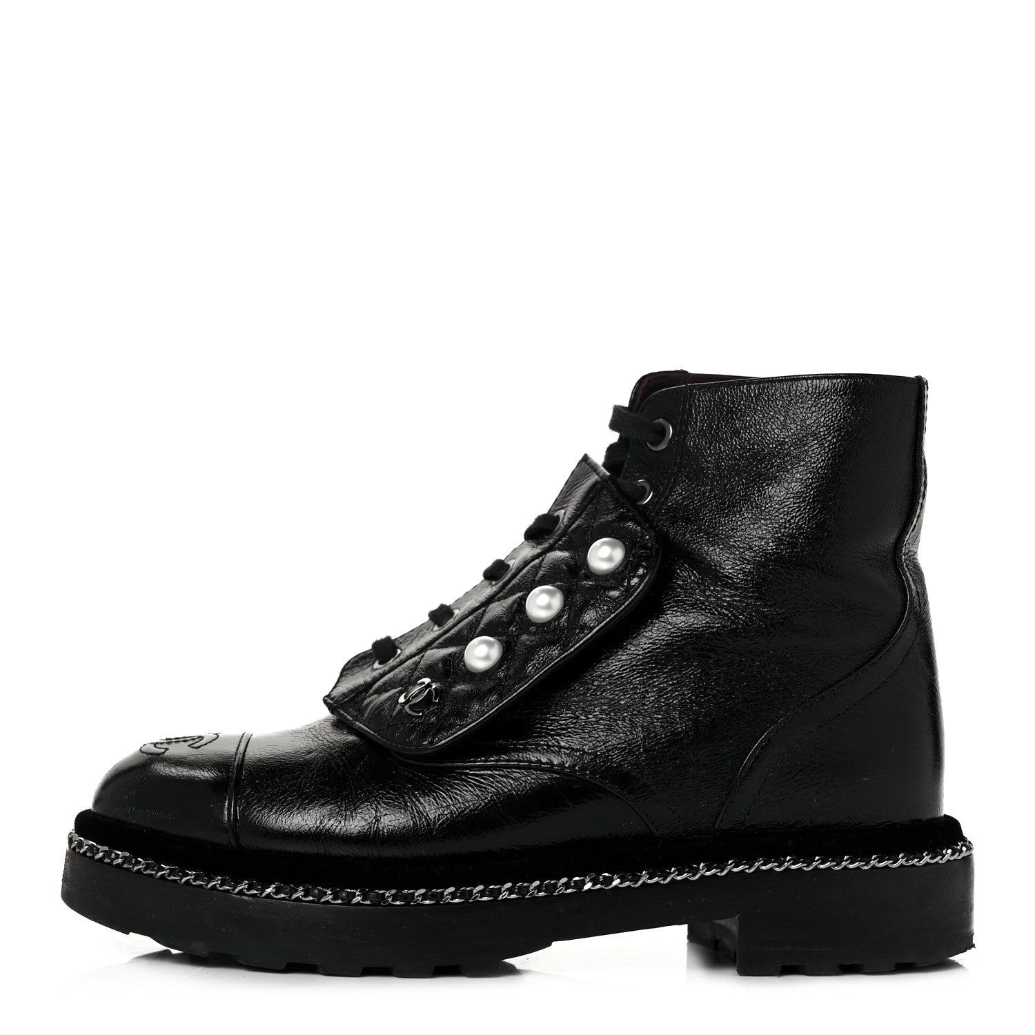 Chanel Crackled Calfskin Velvet Pearl Combat Short Boots 36 Black 1 of 6