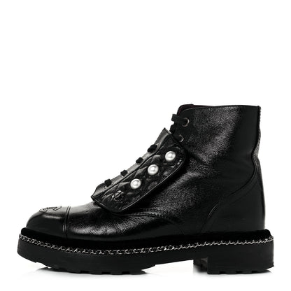 Chanel Crackled Calfskin Velvet Pearl Combat Short Boots 36 Black 1 of 6