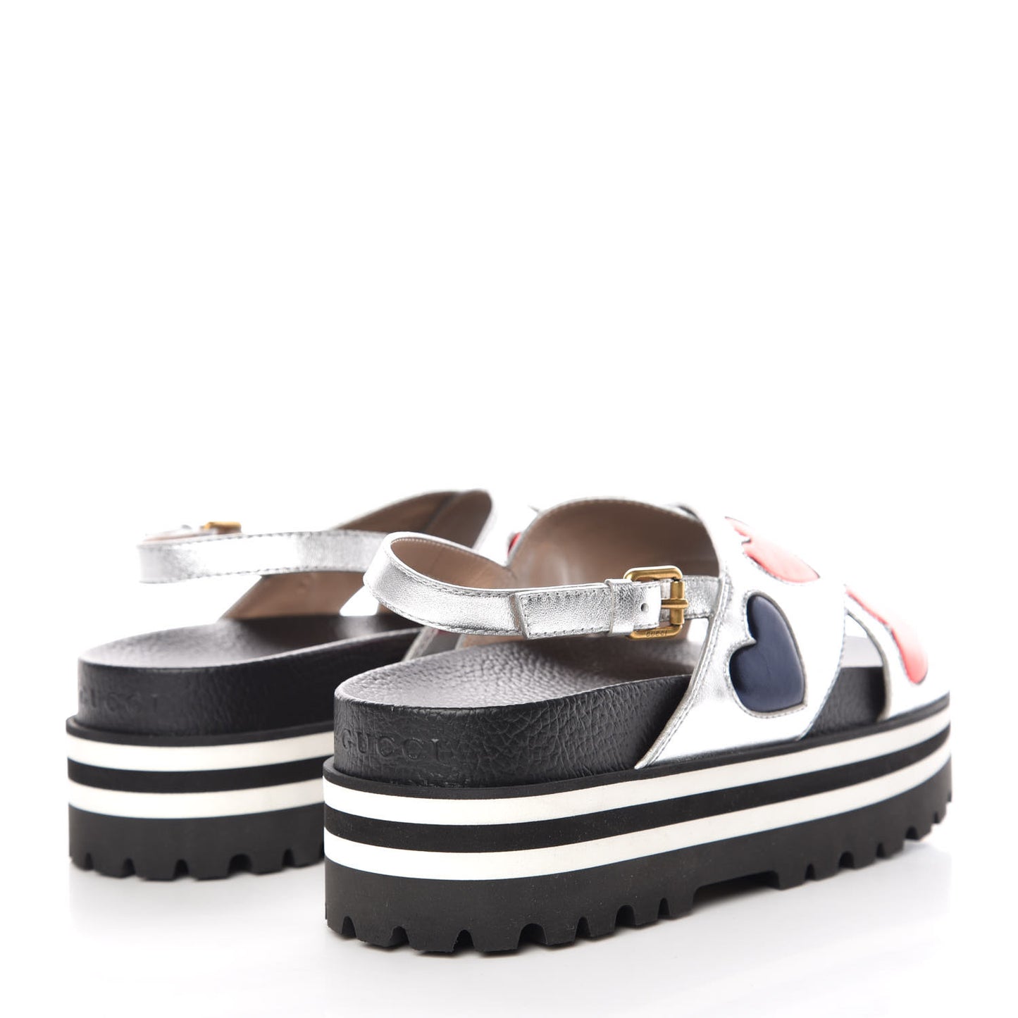 Metallic Nappa Silk Sunrise Heart Crossover Platform Lug Sole Sandals 39.5 Argento