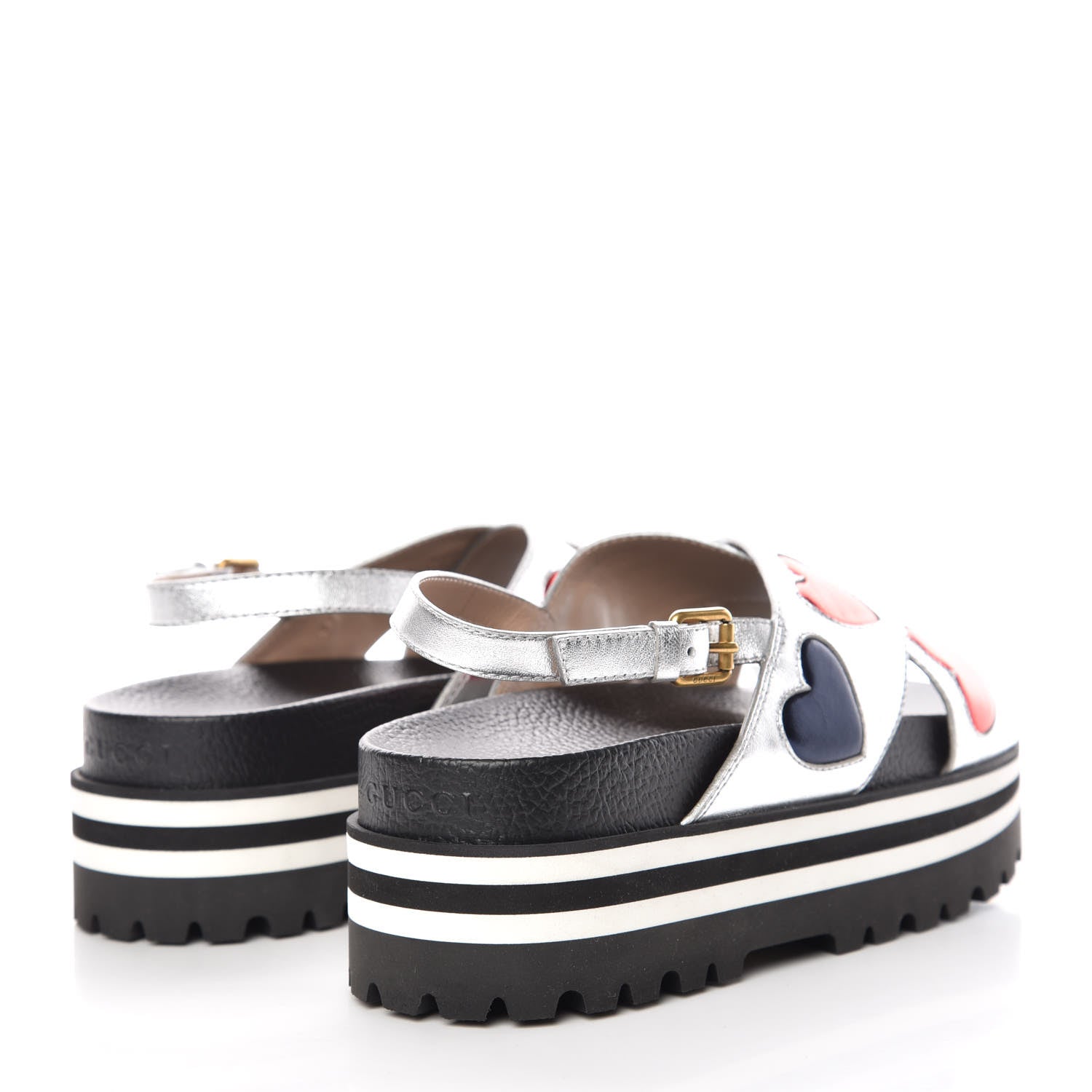 Gucci Metallic Nappa Silk Sunrise Heart Crossover Platform Lug Sole Sandals 39.5 Argento 4 of 9