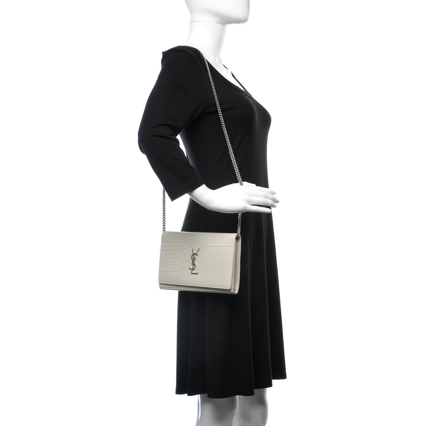 Calfskin Crocodile Embossed Monogram Kate Wallet on Chain Perle
