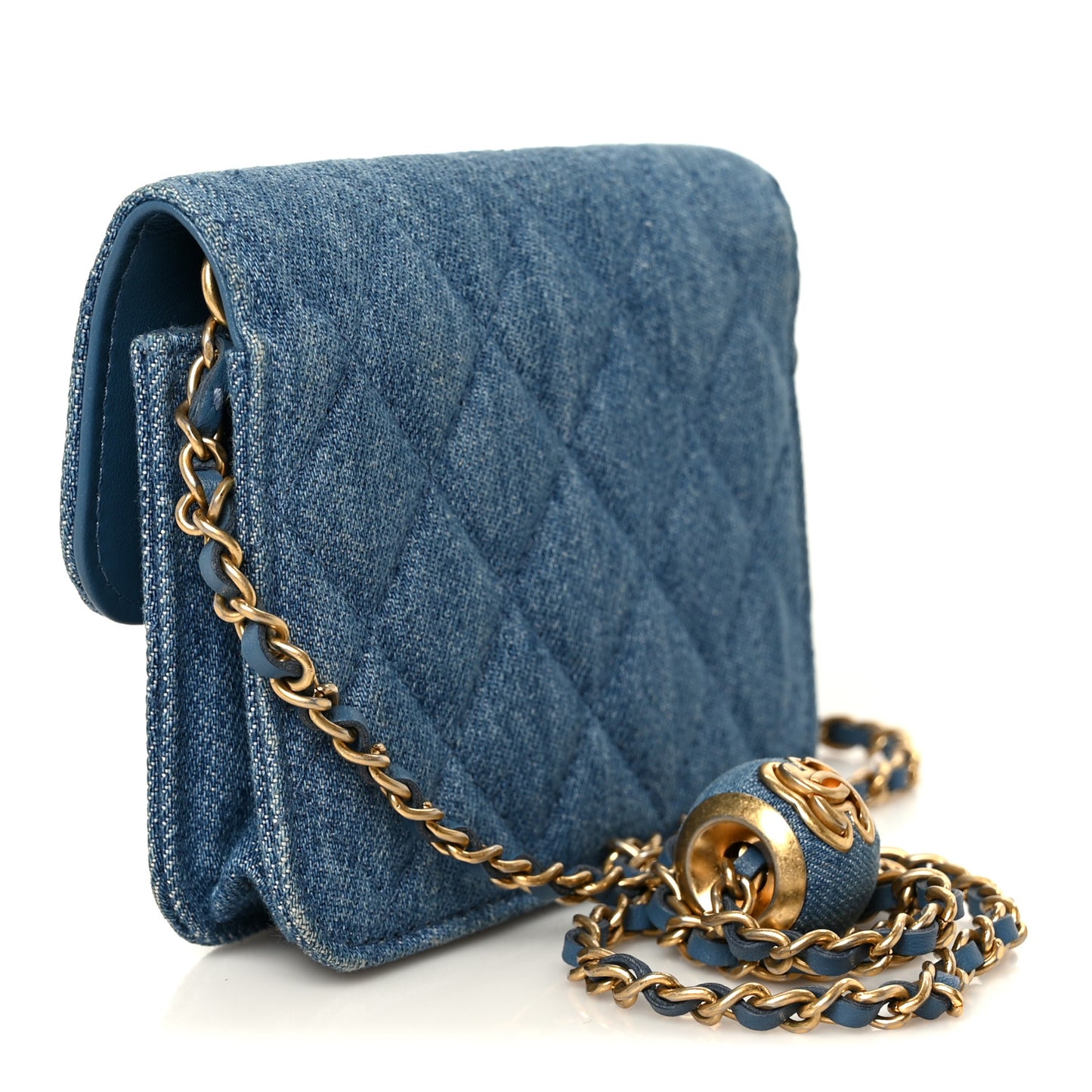 Denim Quilted CC Pearl Crush Clutch With Chain Blue