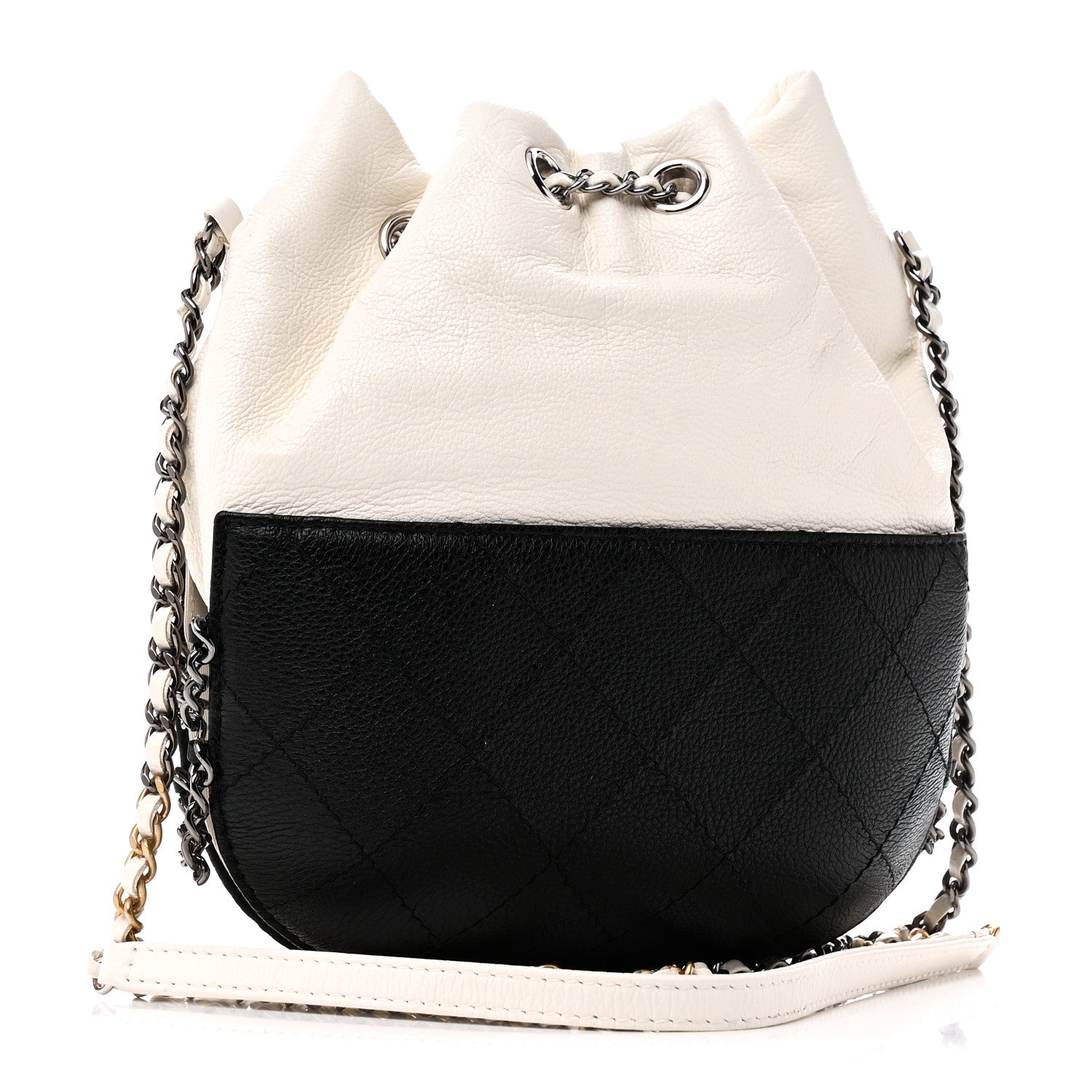 Chanel Aged Calfskin Quilted Small Gabrielle Bucket White Black 3 of 10