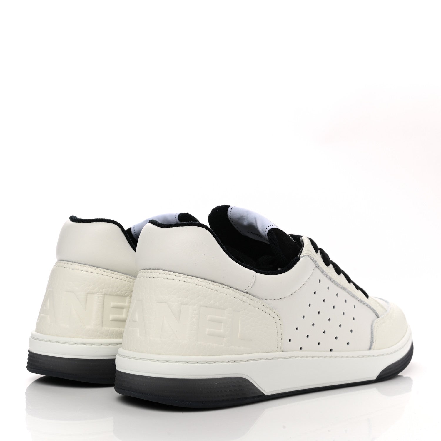 Chanel Grained Calfskin Fabric Mens Logo Sneakers 46 White Black 4 of 9
